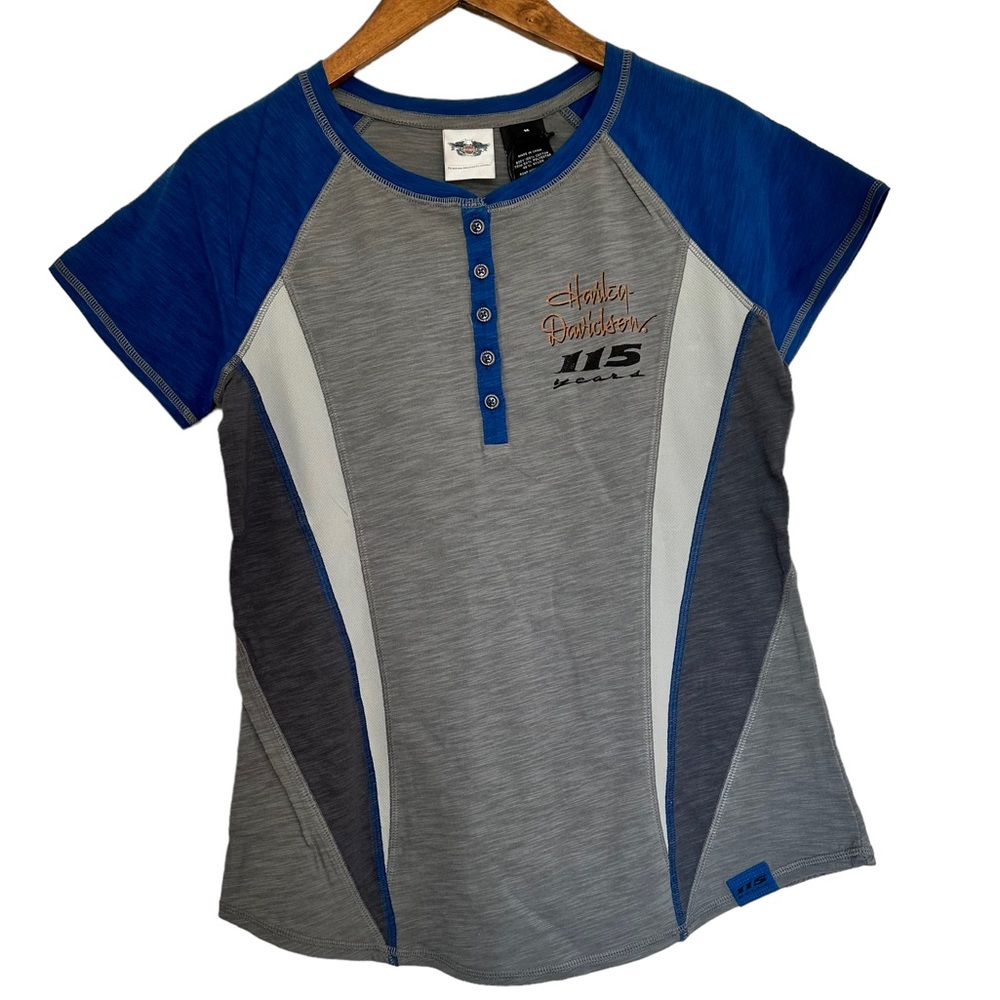 Harley Davidson 115 Years Anniversary Royal Blue Cap Short Sleeve Tee Women’s M